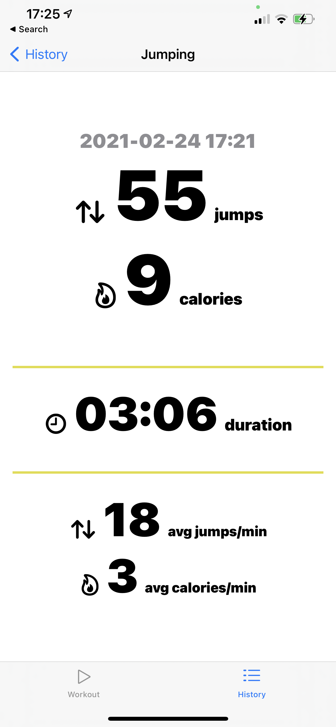 Workout history with detailed stats